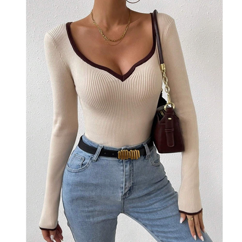 Solid Ribbed Color Block Stretchy Long Sleeve Top - Picture 5 of 12